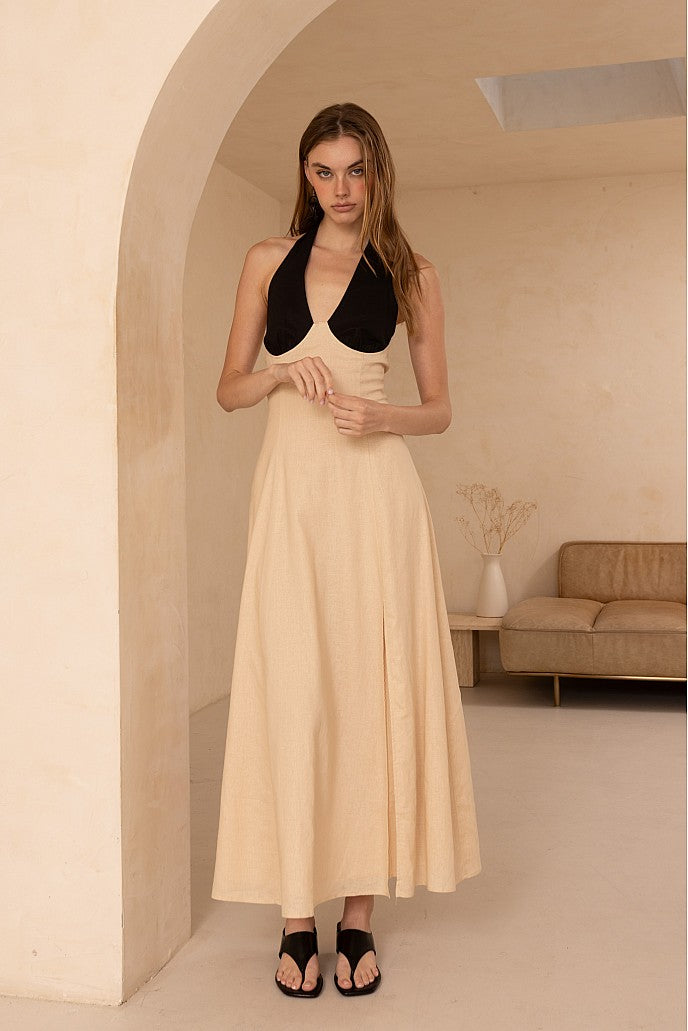 Linen Color Block Halter Dress