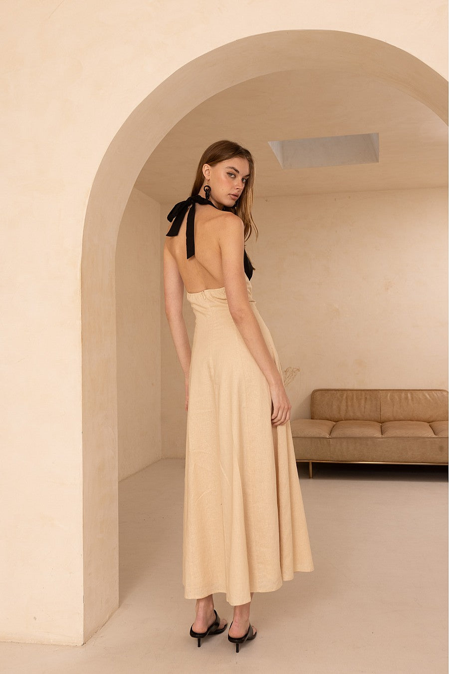 Linen Color Block Halter Dress