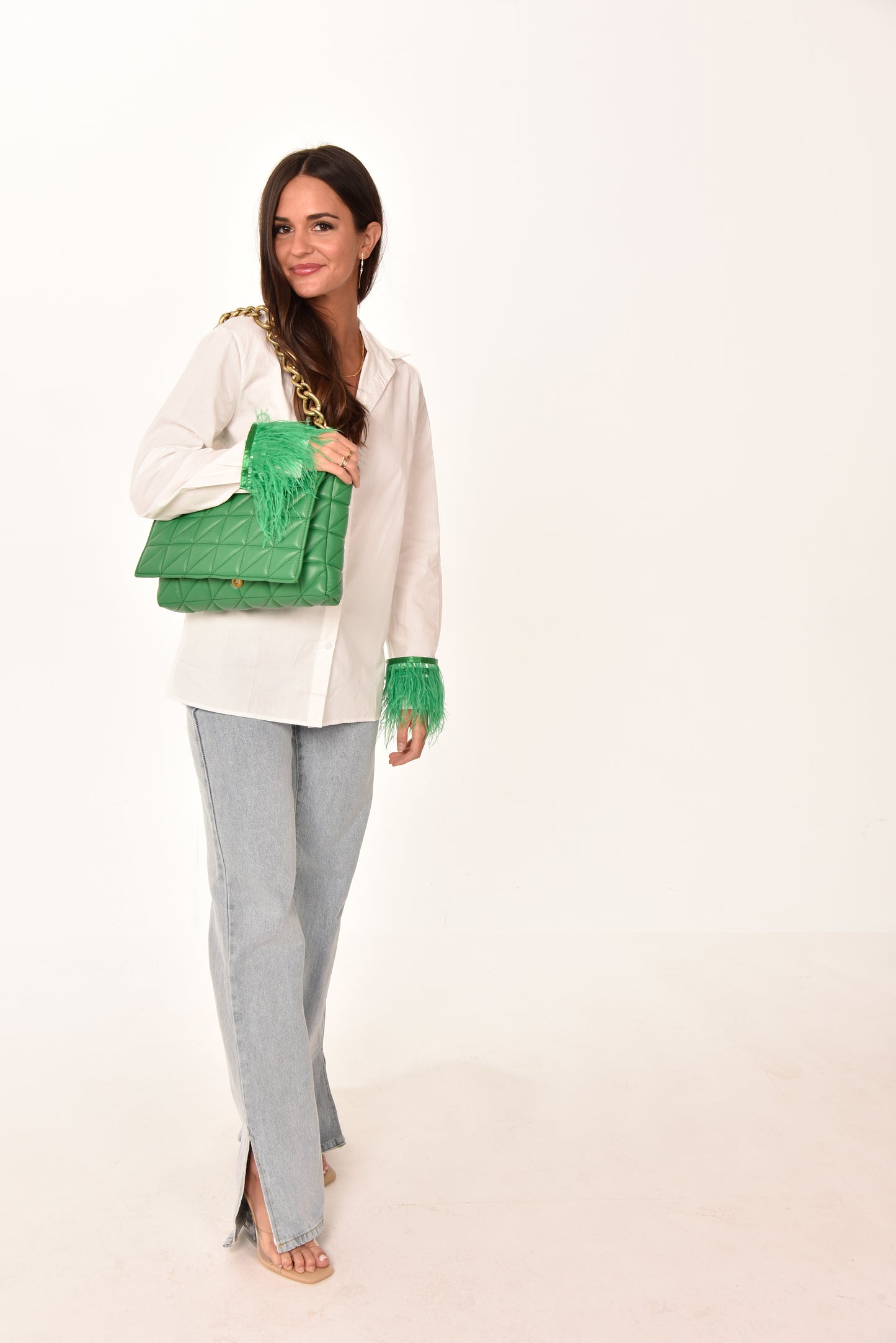 Feather Sleeve Button Down Blouse
