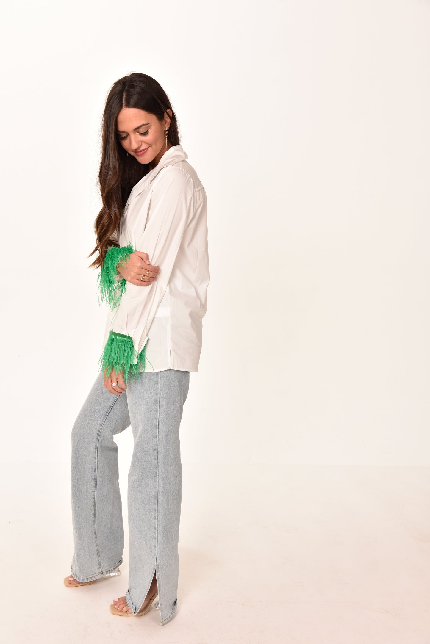 Feather Sleeve Button Down Blouse