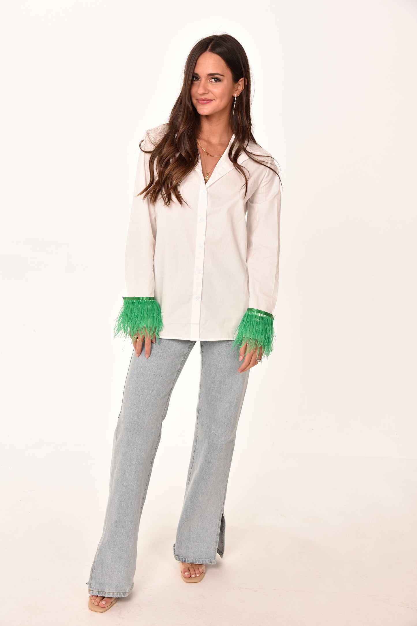 Feather Sleeve Button Down Blouse