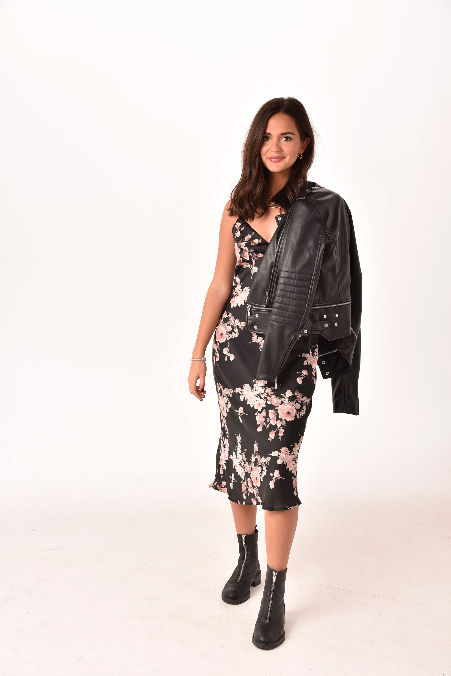 Black and Blush Floral Midi Dress