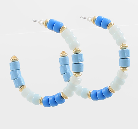 Beaded Light Blue and Gold Hoops