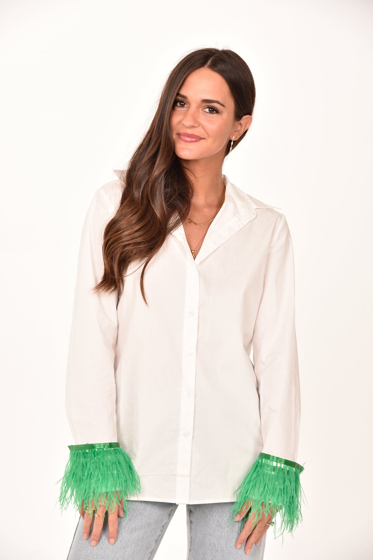 Feather Sleeve Button Down Blouse